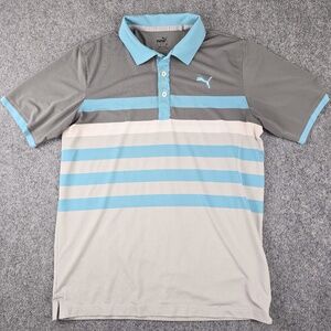 Puma MATTR One Way Golf Polo - Mens Medium - Gray & Aqua Striped